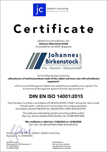 Certificate DIN EN ISO 14001:2015